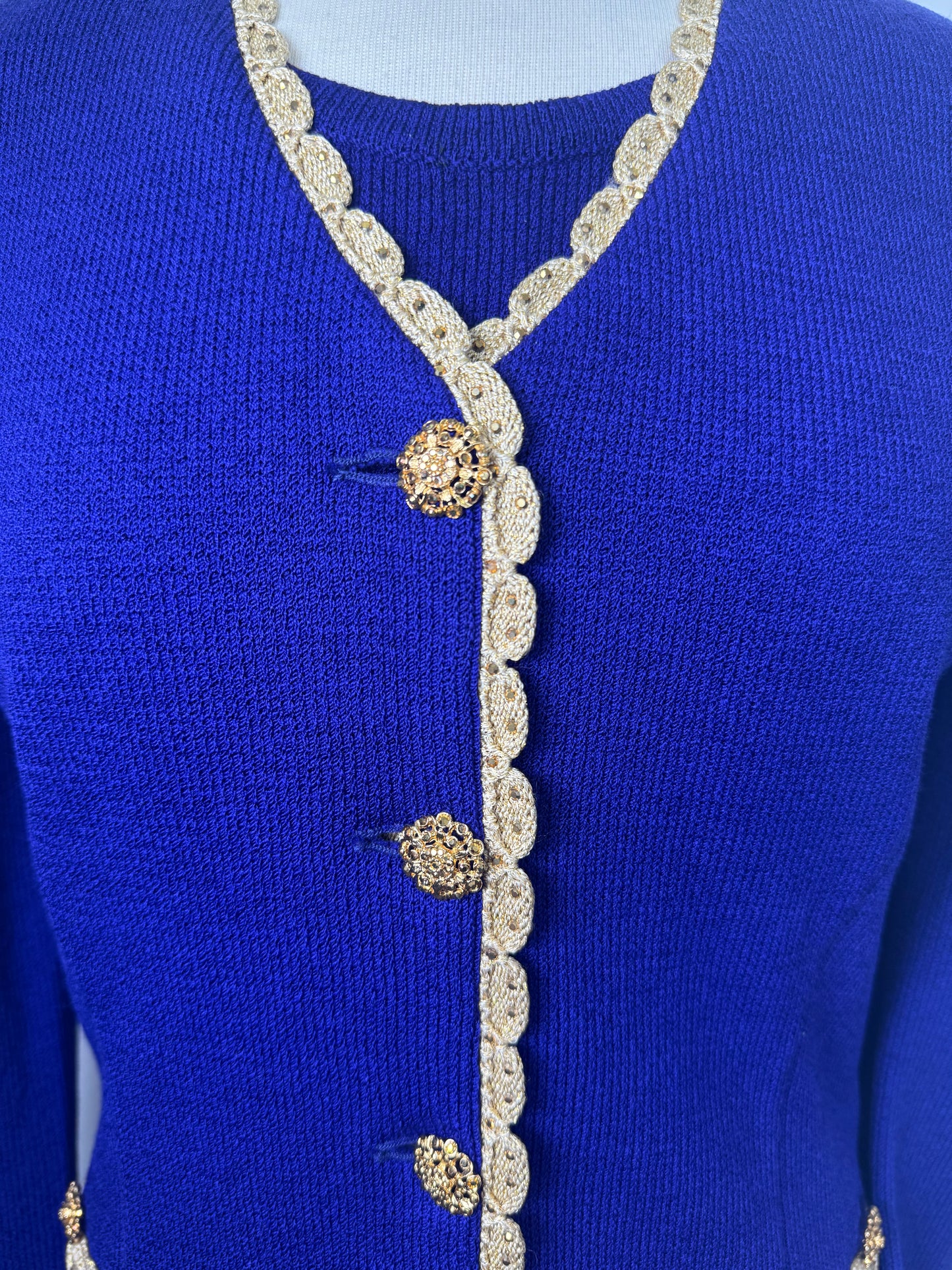 St. John Purple Santana Knit 3-Piece Suit – Gold Crystal Buttons & Paillettes - Size 10