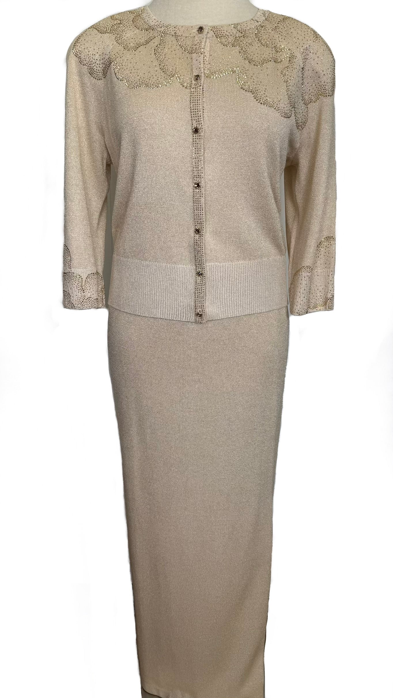 St. John Gold Knit Jacket & Long Skirt Suit – Crystal Buttons & Paillettes - Size 10