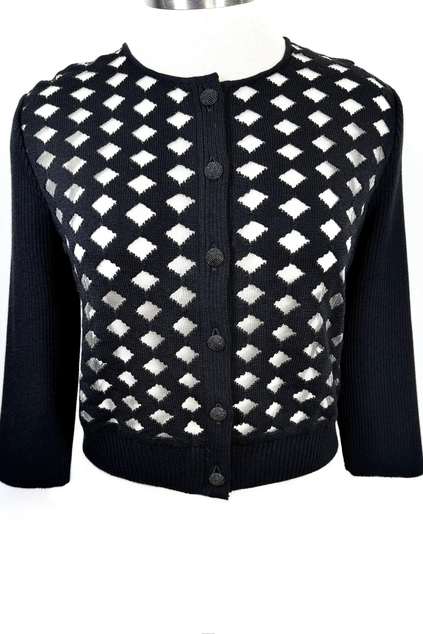 St. John Black Wool Blend Sweater Jacket with Sheer Diamond Pattern - NWT $895 - Size XL/12/14