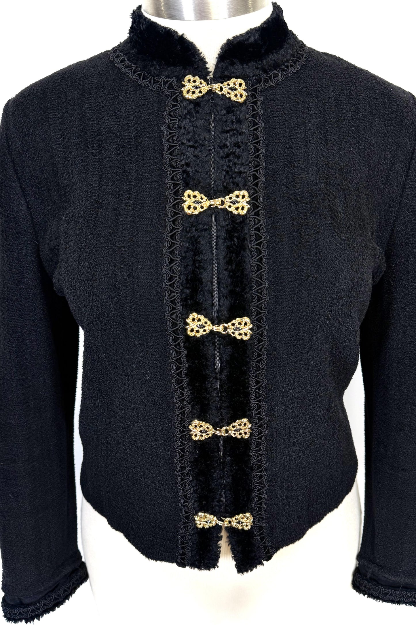 St. John Black Chenille Zip Jacket - Gold Buckle Accents & Velvet Trim - Size 14